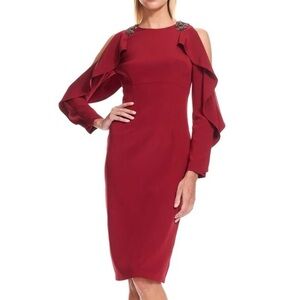 NWT David Meister Crimson Holiday Dress Beaded Detail Long Sleeve 12 Formal